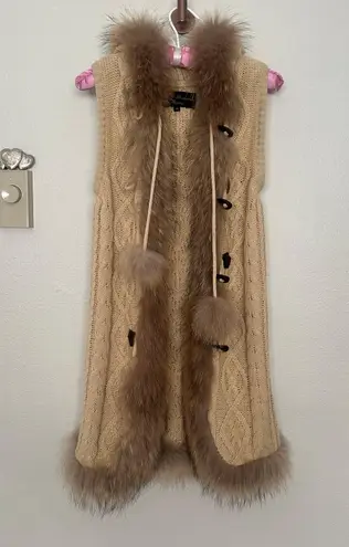 Fur Trim Linda Richards Luxury Beige Womens Collar Cable Knit Sweater Vest Sz XS Tan