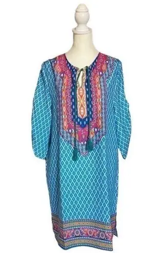 Urban Coco Blue Multicolor Ruche Sleeve Swim Coverup Dress with Tassels Medium