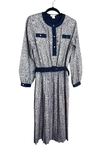 Vintage Hal Hardin Long Sleeve Navy & White Pleated Dress W/ Belt & Gold Buttons Blue Size 14
