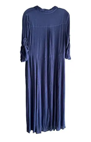 Woman Within Size 14W Blue Button-Front Maxi Dress Roll-Tab Sleeves