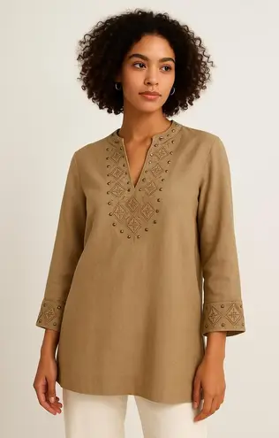1 Madison Madison 100% Linen Embroidered Studded Tunic Top Medium Boho Resort Artisan Fall