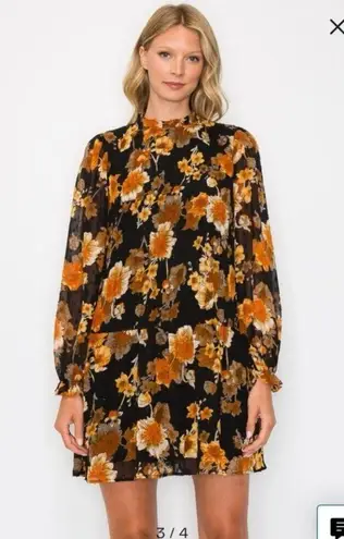 MELLODAY Black Muti-color Sheer Floral Print Pleated Long Sleeve Mini Dress Sz L