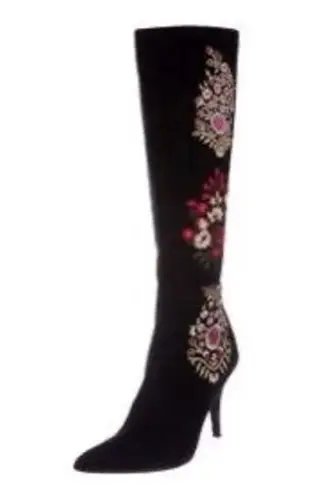 Oscar de la Renta Floral Print Suede Knee High Boots