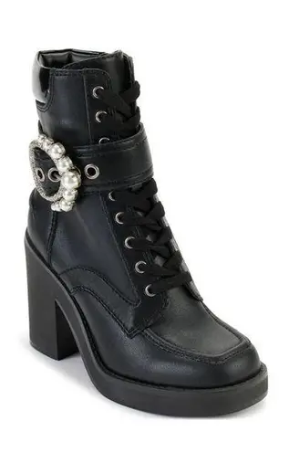 Karl Lagerfeld Black Leather Pearl Dottie Lace-Up Ankle Boots Heels Booties