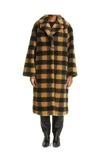 Stand Studio Sz XS / 34 Maria Buffalo Check Plaid Faux Fur Long Coat Black