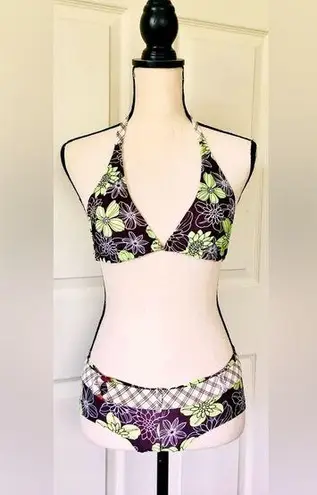 Green Floral & Brown Reversible Swimsuit Bikini: Plaid Pattern, Cheeky Bottoms