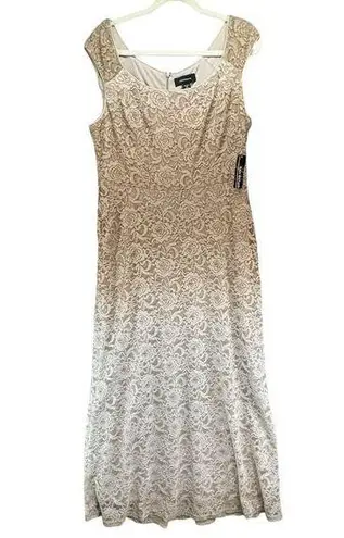 R & M Richards  Dress Womens 14 Tan Gold Glitter Floral Lace Formal Evening Gown