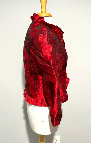 Algo Boutique Red Black Rose Floral Shiny Blazer Jacket