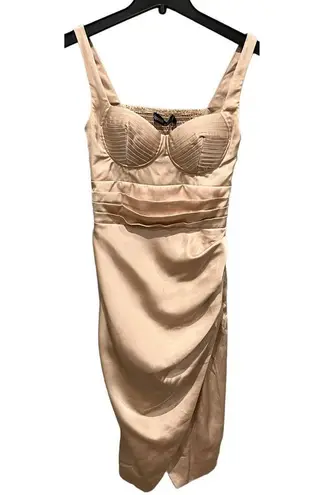 Lavish Lice NWT LAVISH ALICE Pleated Corset Satin Cocktail Dress In Clay Beige (US/4)
