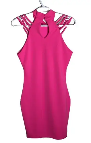 Missguided hot pink bodycon halter neck strappy club mini dress size 6