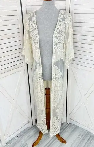 Rebellion  Again Lace Boho Kimono Cadigan Duster Cream Small Midi