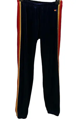 Aviator Nation Classic Velvet Sweatpants Side Rainbow Stripes Drawstring Navy S