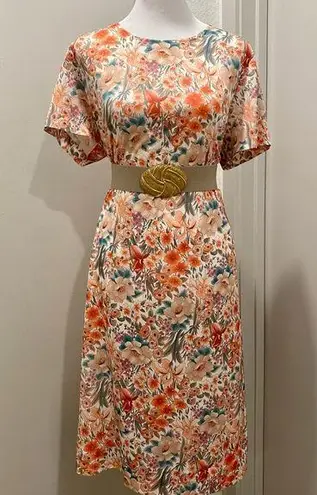 VTG Peach Orange Floral Print Short Sleeve Midi Dress
