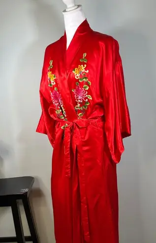 Vintage Red Silk Kimono Robe Embroidered Floral Long Sleeve Belted Golden Bee Size undefined