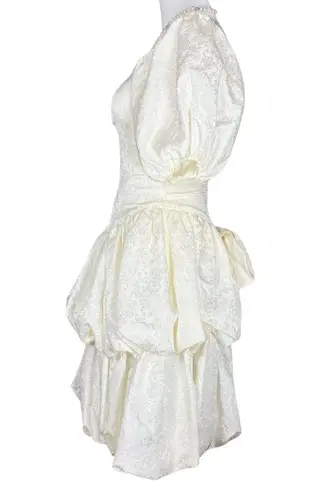 Vintage 80s Handmade Short Off White Retro Wedding Prom Dress Puff Sleeve Bow XS