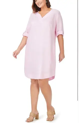 Foxcroft Women's Plus Size 14 Pink Linen Shirt Dress 3/4 Sleeve V-Neck