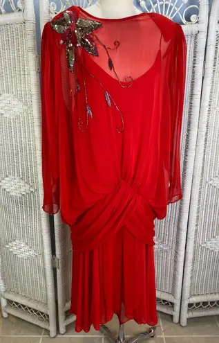 Vintage 1980s Red Beaded Floral Chiffon Gown Donzia Drop Waist Glam Dynasty Size 14P