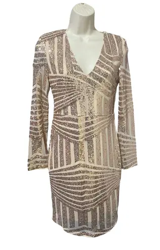 Miss Ord NWT Champagne Gold Sequined V-Neck dress long sleeve brand| women M