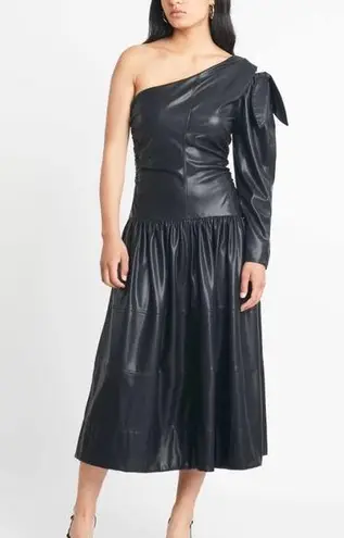 Tanya Taylor Black Gigi Faux Leather One Shoulder Bow Dress Size 10