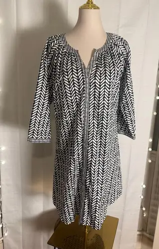 Hatley Black White Cotton Tunic Dress Coverup L Large Boho Print 3/4 Sleeve