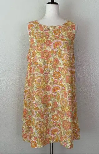 Ghanda Linen Blend Floral Summer Shift Dress, Sz Large Orange
