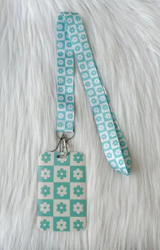 Teal and white floral checkered lanyard with Id/ card holder Green
