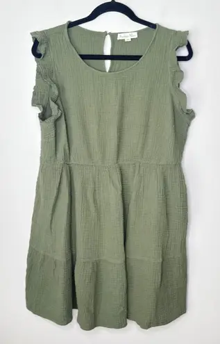 Indigo Rose 2X Gauzy Crinkle Cotton Ruffle Sleeve Tiered Dress Olive Green