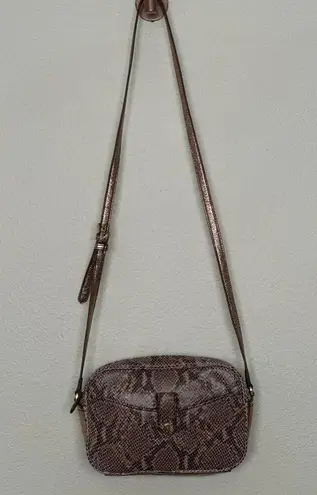 G.I.L.I Snake Embossed Leather Rose Gold Shimmer Crossbody Purse Camera Bag Brown