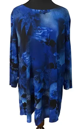 Clara Sun Woo Blue Floral Print Tunic Top Long Sleeve Asymmetric Hem Stretch SM Size L