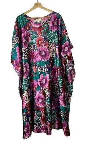 Vintage California Dynasty Purple & Teal Floral Satin Midi Kaftan L Size L