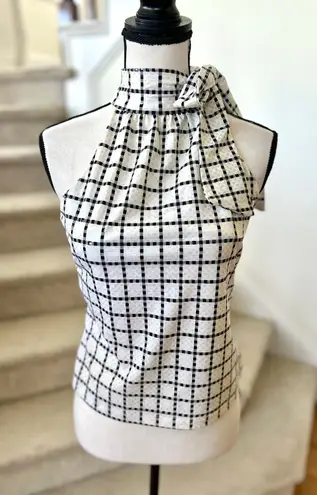 Y2K Vintage White Black Plaid Shiny Sparkle Neck Tie Sleeveless High Neck Blouse