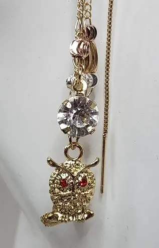 Gold Filled Threader Dangle Earrings Owl and Zirconia Stones Red