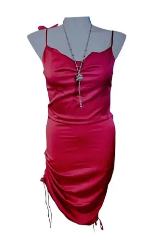 Halfisland Womens Dress Red Spaghetti Strap Ruched Bodycon Satin Silky Size L Size L