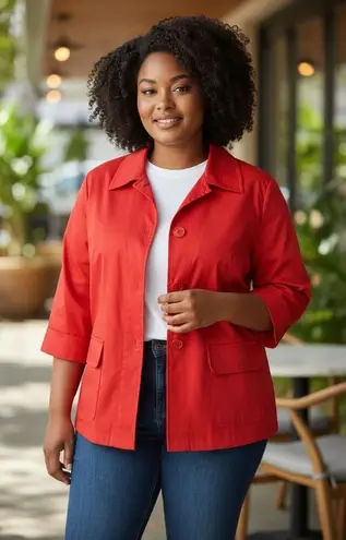 Live a Little Women Red Stretch Jacket Plus Size1X Snap 3/4-Sleeve Pockets - Image 1
