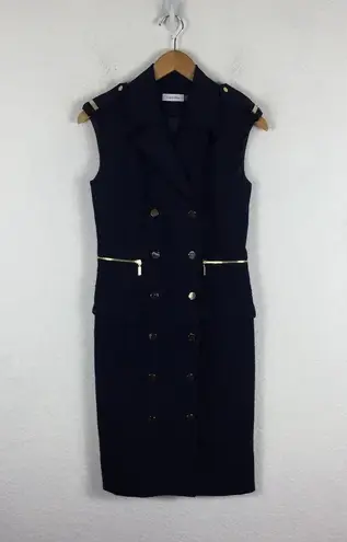 Calvin Klein  Navy Blue Gold Button Sleeveless Crepe Sheath Dress Size 2