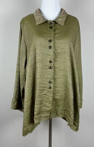 Habitat Blouse Top Womens Large Green Shimmery Metallic Button Up Collared Shirt