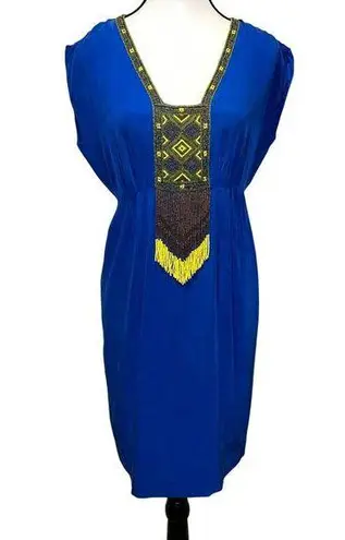 Tibi Cascade Beaded Silk Royal Blue Cap sleeve A-Line Dress Egyptian Vibe Size )