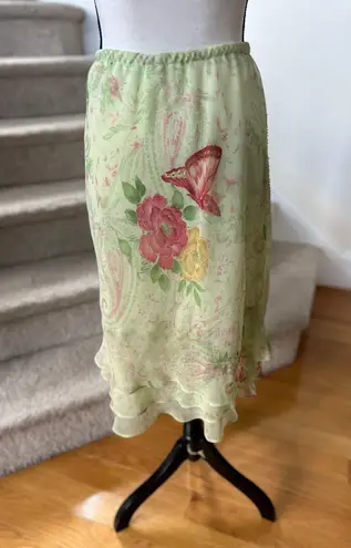 Vintage Y2K Lime Green Tiered Paisley Butterfly Floral Slip Skirt Fairy Size 8