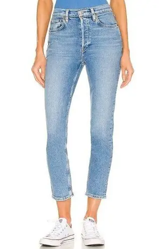 RE/DONE Womens Jeans 90s High Rise Ankle Crop Bright Faded Blue Button Fly 26
