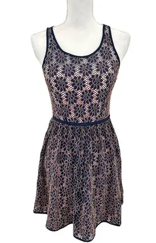 Minuet Deep Blue Pink Midi Bow Detail Lace Embroidered Dress Size Small Wedding