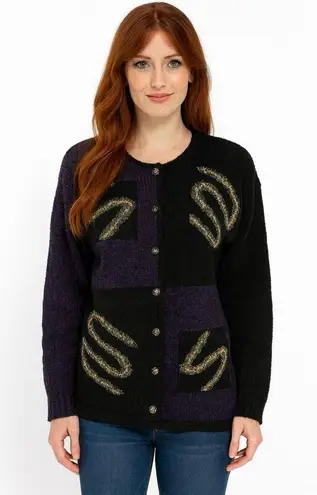 Vtg 90s South Cotton Hand Loomed Op art Cardigan Purple Size M