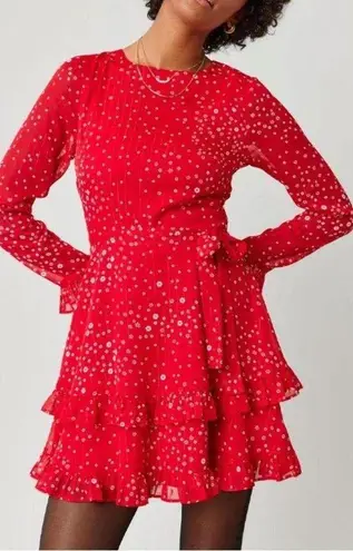 Red Lurex Floral Dress Long Sleeve and Ruffles Size XS