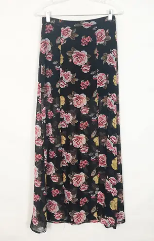 Dark Floral Maxi Skirt Chiffon Front Slits Romantic Coquette Dark Fairy Event Black