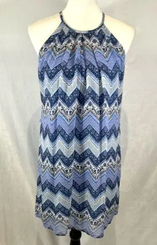 As You Wish Periwinkle blue white and pink chevron print halter sundress size small