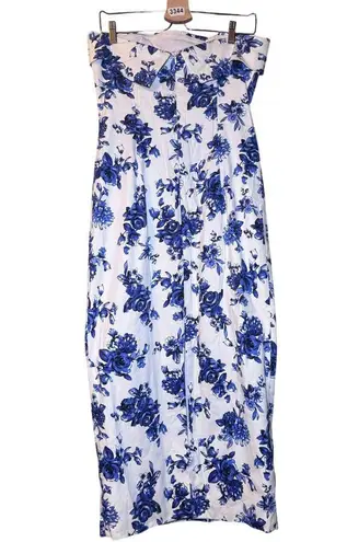 MABLE Strapless Blue Floral Midi Dress | Coquette Cottagecore Romantic L EUC Size L