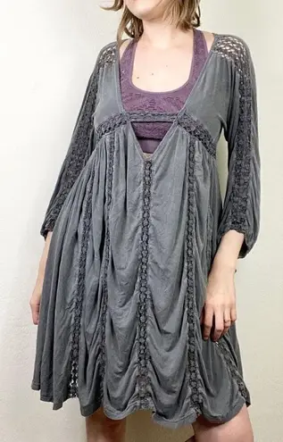 Vintage y2k Pol Grey Deep V Ladder Lace Grunge Fairy Long Sleeve Dress Size S Gray