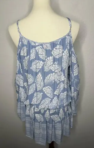 Surf Gypsy Cutout Bell Sleeve Tunic Elastic Waist Leaf Print Ruffle Blouse Dress Women Size Large Sky Blue & White