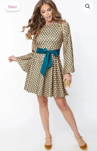 Unique Vintage Blue/Green & Gold Deco Motif Print Flare Dress- Size 3X (20)- NWT