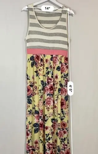 Egs California Women’s Sleeveless Floral Stripe Maxi Dress Yellow & Grey NWOT