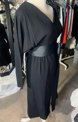 Vintage Jean Allen black dress knee length belt tie back dolman long sleeves Size M